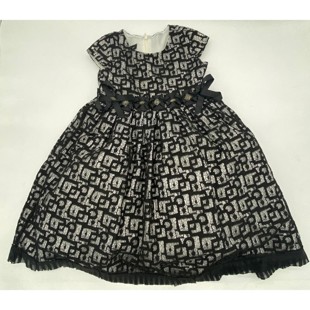 Isobella & Chloe Girls 3T Black White Geometric Lace Rhinestone Bow Party Dress